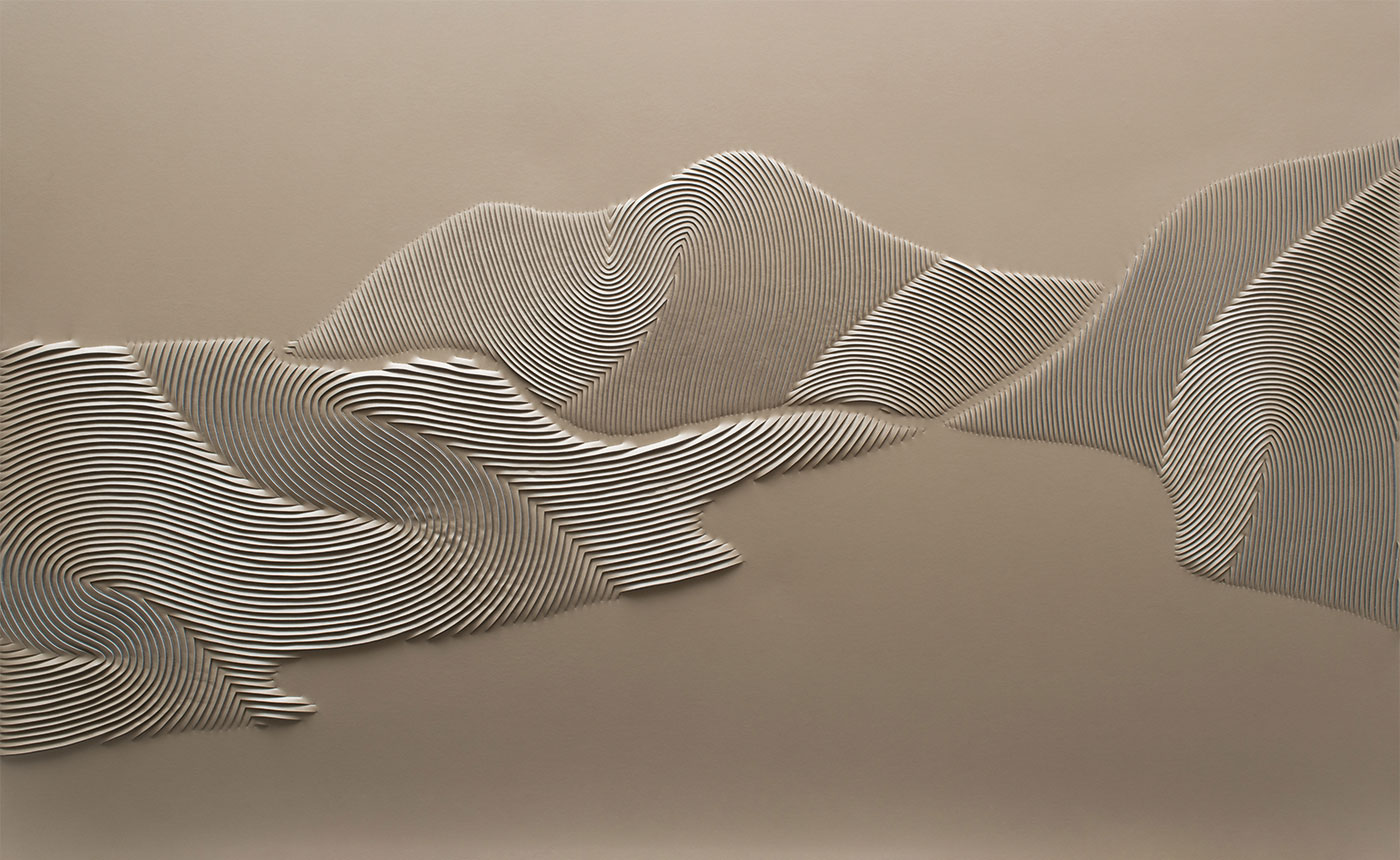 Coastline artwork by Helen Amy Murray, hand-sculpted in pearl cream faux leather inspired by Half Moon Bay in California
