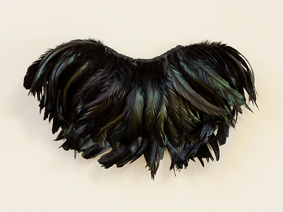 Photograph of a vintage feather neckpiece with iridescent black feathers on a cream background
