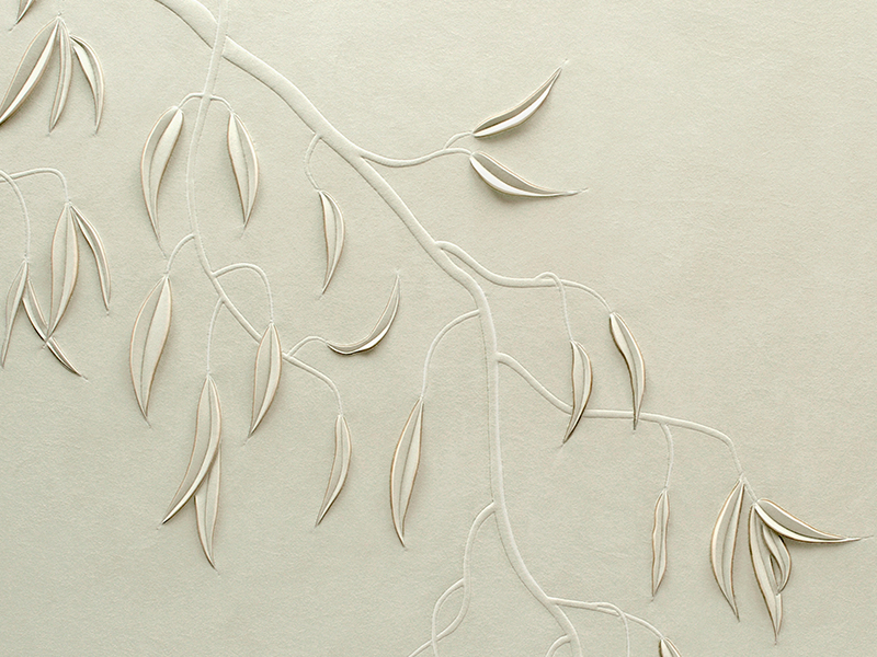 Detail of Eucalyptus artwork by Helen Amy Murray showing branches and leaves, hand-sculpted in grey faux suede