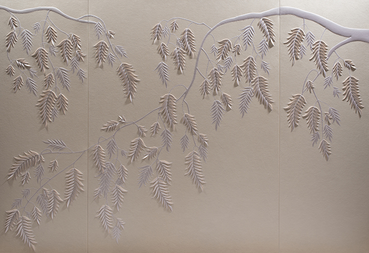 Hand-sculpted white faux suede artwork by Helen Amy Murray featuring a fern design with white silk crepe satin appliqué