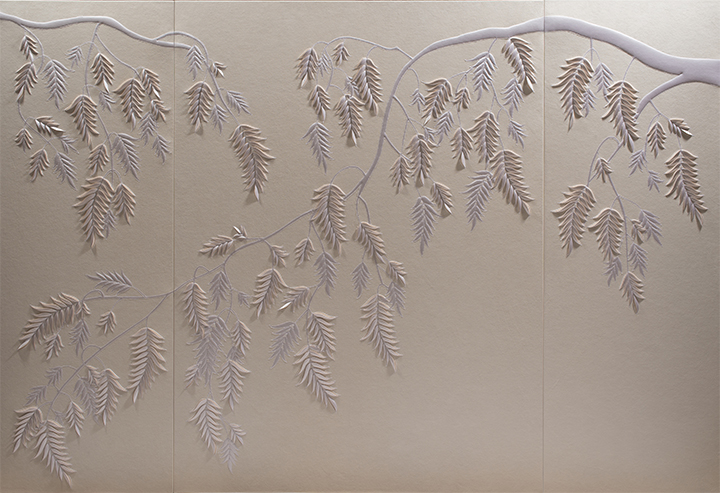 Hand-sculpted white faux suede artwork by Helen Amy Murray featuring a fern design with white silk crepe satin appliqué