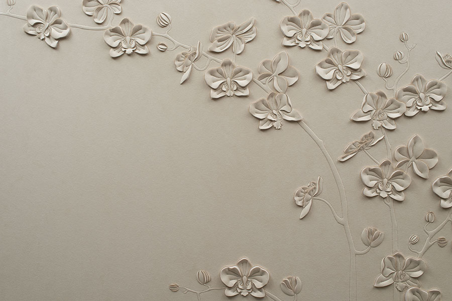 Detail of hand-sculpted Orchid artwork by Helen Amy Murray in off-white faux suede