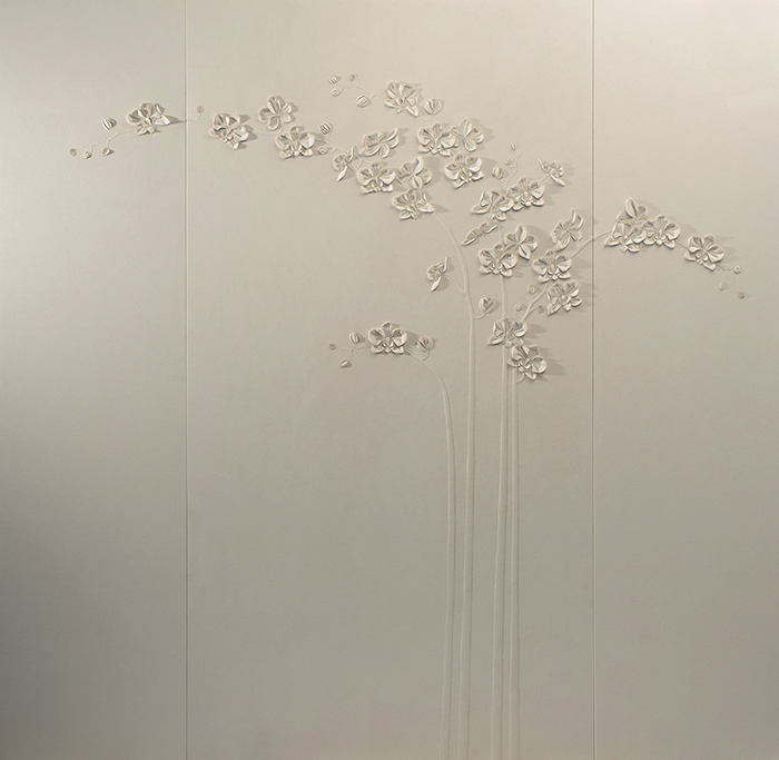 Orchid artwork by Helen Amy Murray in three panels featuring hand-sculpted orchid stems in off-white faux suede