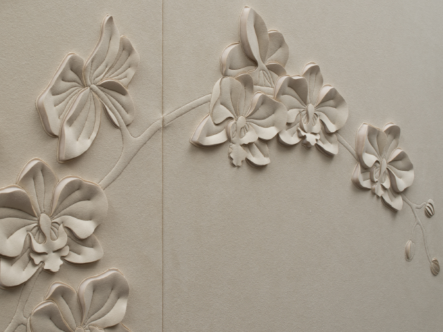 Side-view detail of Orchid hand-sculpted artwork by Helen Amy Murray in off-white faux suede