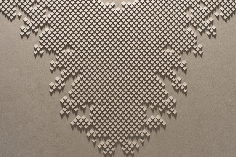 Close-up of Pixelated artwork by Helen Amy Murray, hand-sculpted in white faux suede